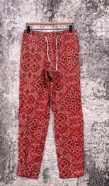 Overlover Pants 25 Womens Donna Red Bandana Print Linen Tapered Leg Pull On